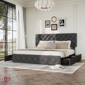 Full/QUEEN/King Size Bed Frame with 4 Drawers and Headboard Tufted Design Linen Upholstered Platform Bed Frame No Box Spring Need - 1 of 4