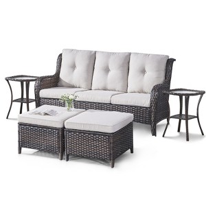 POCASSY 5 Piece Outdoor Conversation Furniture Set Wicker Sofa Seating Group with Cushions for Backyord, Garden, Pool - 1 of 4