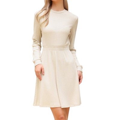 INSPIRE CHIC Women's Long Sleeve Casual Crew Neck Ribbed Knit Textured Sweater Dress