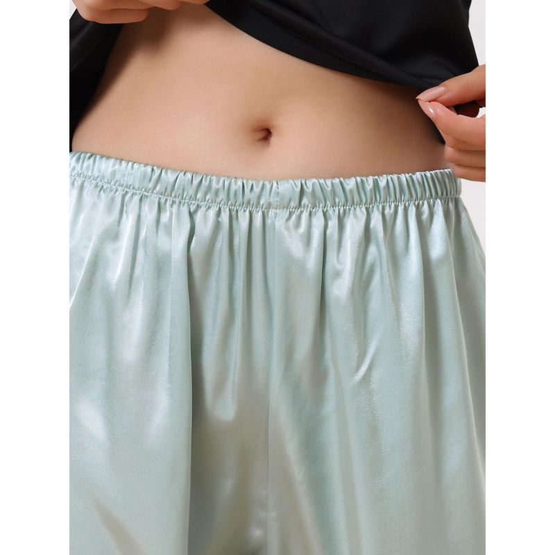 cheibear Women's Satin Elastic Wide-leg Lace Trim Loungewear Long Sleep Pants, 4 of 6