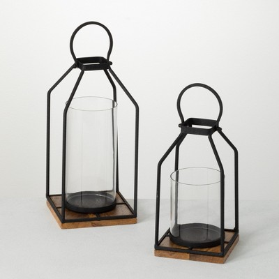 Sullivans Set Of 2 Lantern Iron & Glass Candle Holders 12.75"H & 13.5"H Black