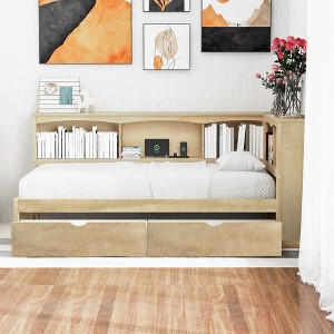 PAGED Twin XL Daybed Modern Wooden Bed Frame with 2 Trundles, Storage Shelves and Light for Bedroom, Living - 1 of 4