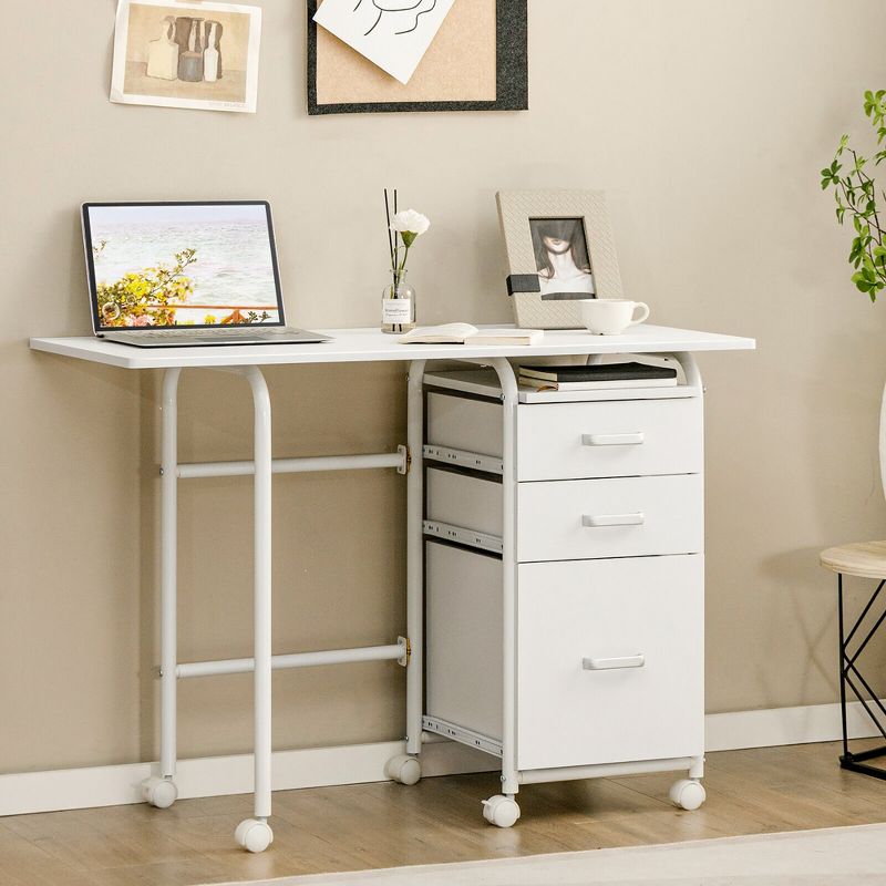 Tangkula Folding Computer Laptop Desk Wheeled Home Office Furniture w/3 Drawers White, 4 of 10