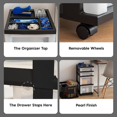 Black and Pearl 4-Drawer Plastic Rolling Storage Cart