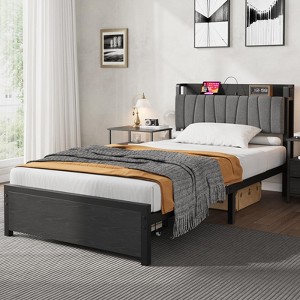 Industrial Platform Bed Frame with Storage Drawer,  Bed with Upholstered Headboard and Charging Station - 1 of 4