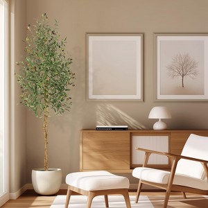 6ft Faux Olive Tree Potted in White Planter, Artificial Tree with 2 Natural Wood Trunks, Realistic Fake Floor Plant for Living Room, Home - 1 of 4