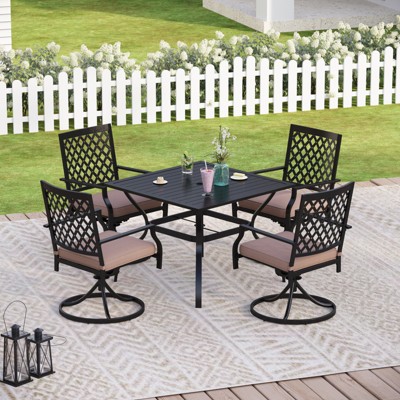 Captiva Designs 5pc Patio Slat-top Square Steel Dining Table with Umbrella Hole & Metal Arm Chairs