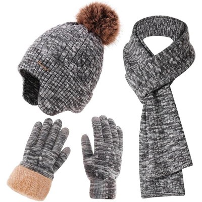 ZUPPAD Winter Hat Scarf Gloves Set for Women, Classic Cable Beanie with Removable Pom Pom Long Scarf Touchscreen Gloves 3 in 1 Set