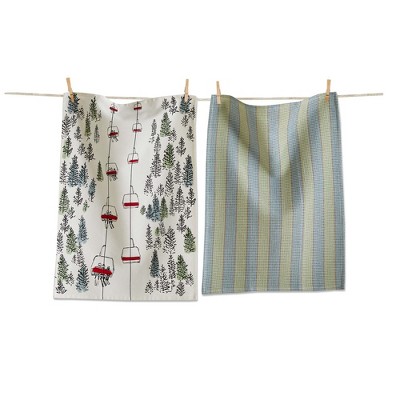tag Ski Lift Dishtowel Set - Green Multi Cotton Kitchen Towels for Christmas - Machine Washable 26x18 inches