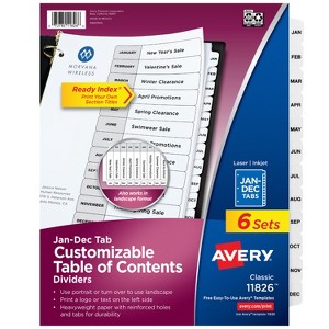 Avery Jan-Dec Dividers for 3 Ring Binders, 12 Tabs per Set, Customizable Table of Contents, Classic White Tabs (6 Sets of 11826) - 1 of 4