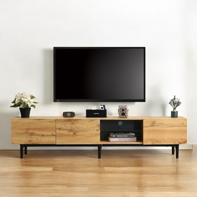 Modern TV Stand with 4 Cabinets & Open Shelves, LED Light Media Console for TVs up to 80'', Drop Down Door Entertainment Center for Living Room