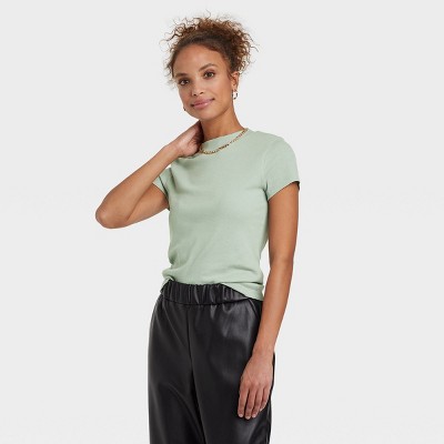 Women&#39;s Short Sleeve Ribbed T-Shirt - A New Day&#8482; Light Green M