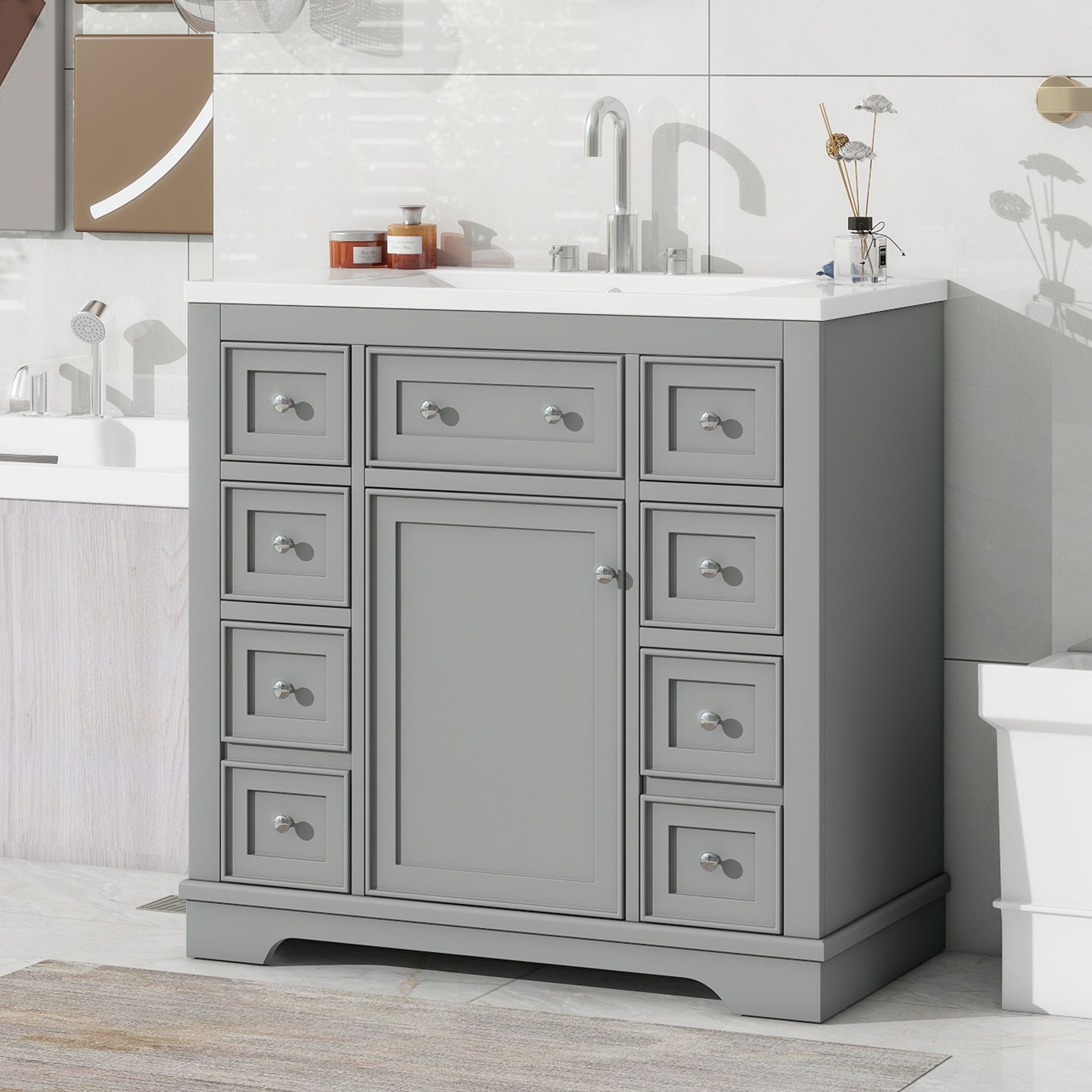 36"W Bathroom Vanity with Sink, One Cabinet and Six Drawers, Gray 4S - ModernLuxe