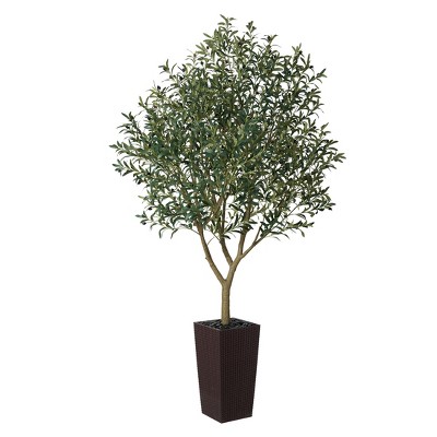 DR.Planzen 5-8FT Adjustable Artificial Olive Tree - UV Resistant Fake Plant in 15.7-22.7" Tall Planter (B/W/Coffee) for Indoor/Outdoor