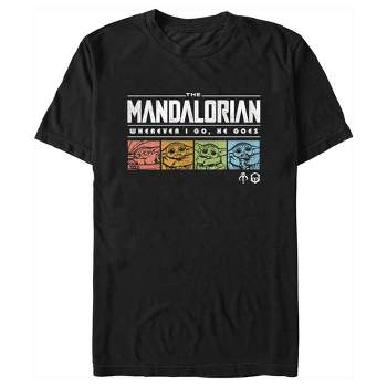 Men's Star Wars: The Mandalorian Grogu Wherever I Go He Goes Colorful Squares T-Shirt
