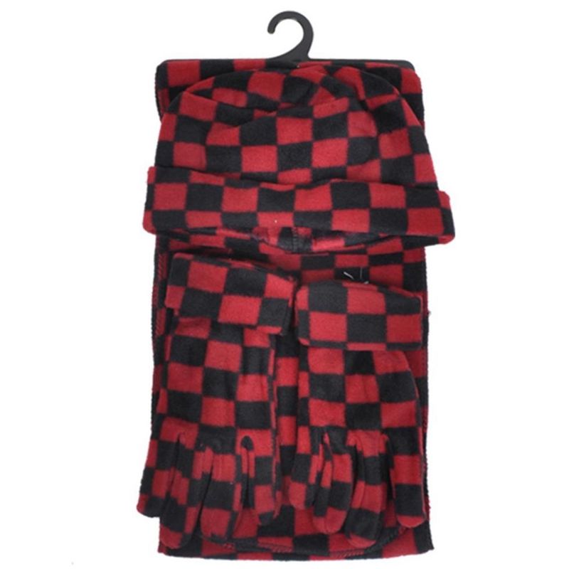 Women's Dark Red And Black Check Fleece Plaid 3-Piece gloves scarf Hat Winter Set, 1 of 5