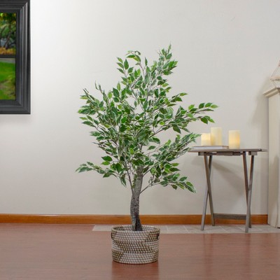 47" Variegated Green and Ivory Plastic Ficus Potted Plant