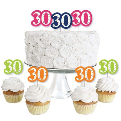 Big Dot of Happiness 30th Birthday - Cheerful Happy Birthday - Dessert Cupcake Toppers - Thirtieth Birthday Party Clear Treat Picks - Set of 24