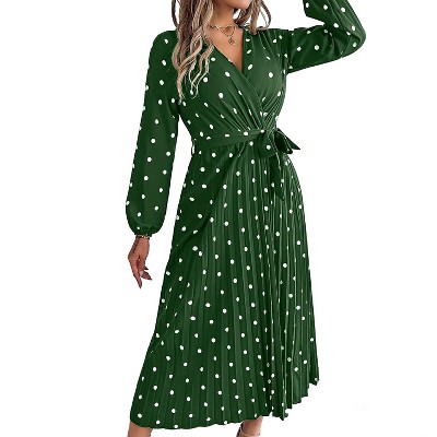 Women's Vintage Polka Dot Wrap Dress Long Sleeve Tie Waist Pleated Midi Dress