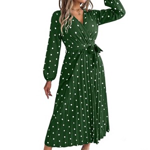 Women's Vintage Polka Dot Wrap Dress Long Sleeve Tie Waist Pleated Midi Dress - 1 of 4