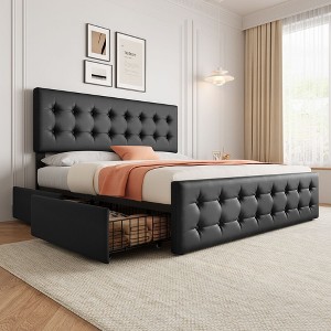 Full/Queen/King Size Bed Frame with 4 Storage Drawers and Headboard, Platform Bed Frame with Wooden Slats Support - 1 of 4