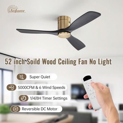 Sofucor 52 Inch Gold Flush Mount Ceiling Fan with Remote Control Solid Wood Blades Modern Indoor/Outdoor Fan No Light for Bedroom/Farmhouse/Patio