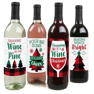 Big Dot of Happiness Holiday Plaid Trees - Buffalo Plaid Christmas Party Decorations for Women and Men - Wine Bottle Label Stickers - Set of 4 - 1 of 4