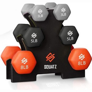 SQUATZ 30lb Dumbbell Weights Set with Stand - Neoprene Coated, Hex Shape, 3 Pairs (Gray, Black, Orange) - 1 of 4