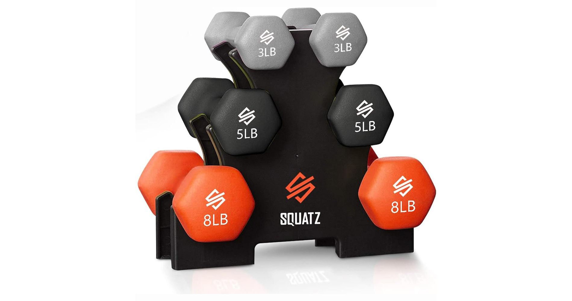 SQUATZ 30lb Dumbbell Weights Set with Stand - Neoprene Coated, Hex Shape, 3 Pairs (Gray, Black, Orange)