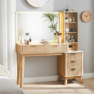 Vanity Desk with Mirror and Lights, 48in Makeup Vanity with Glass Top & Charging Station & 5 Drawers