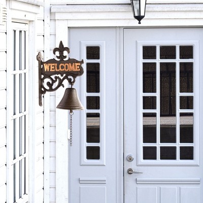 Antique Black Cast Iron Outdoor Dinner Bell with Floral Pattern