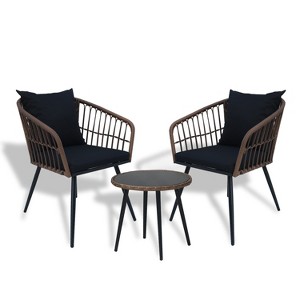 3 Piece Patio Bistro Set, Outdoor Wicker Apartment Balcony Furniture Sets, Rattan Table and Chairs Set of 2 for Porch Backyard Lawn Poolside Deck - 1 of 4