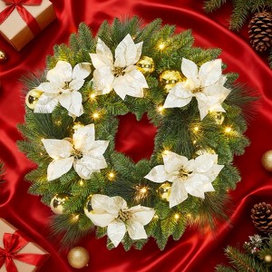 24" Pre-Lit Artificial Pine Cypress Garland & Wreath Set, Warm White LED Lights, Frosted Pine Cones, Holiday Door Decorations for Indoor Outdoor - 1 of 4