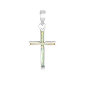 Opalata Sterling Silver White Inlay Opal Thin Cross 18" Pendant Necklace - White - 1 of 2
