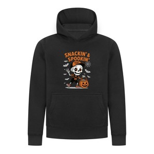 Everyday Kids “Snackin’ & Spookin’” Pullover Halloween Hoodie – Skeleton Trick-or-Treater with Candy Bag – Cozy Fall Sweatshirt for Boys, Black - 1 of 3