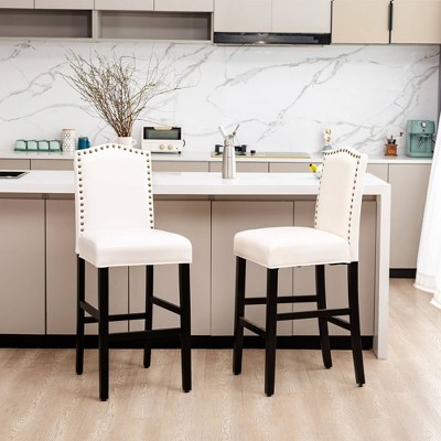 Set of 2 Cream White Leatherette Studded Barstools with Wood Legs