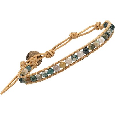 Light Brown Leather Bracelet with Natural Stone Beads, Adjustable Wrap Design for Men Women Teen Yoga