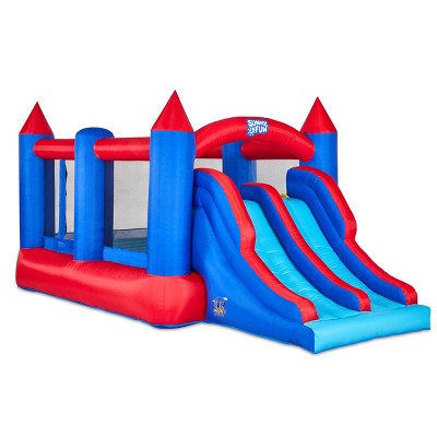 Sunny & Fun Inflatable Bouncy Castle with Dual Slide  Heavy-Duty for Outdoor Fun - Climbing Wall, Slides, Included Air Pump & Carrying Case
