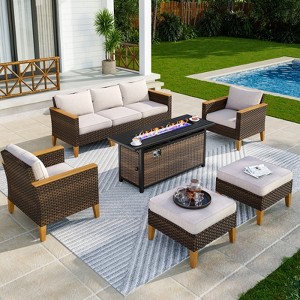 Captiva Designs 8pc Wicker Outdoor Patio Rattan Sectional Conversation Set with Fire Pit Table and Cushioned Ottoman - 1 of 4
