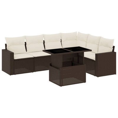vidaXL 7 Piece Patio Sofa Set with Cushions Brown and Cream Poly Rattan - Without Storage