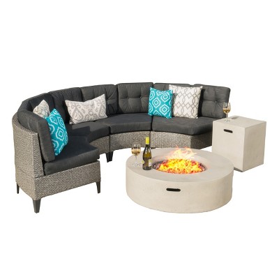 Christopher Knight Home Navagio Outdoor Wicker 4 Seater Half Round Sofa Set with Fire Pit