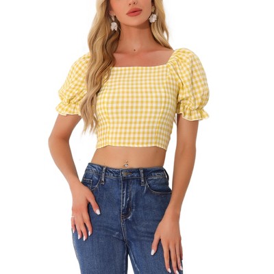 Allegra K Women's Bubble Sleeve Peasant Gingham Plaid Smocked Crop Top