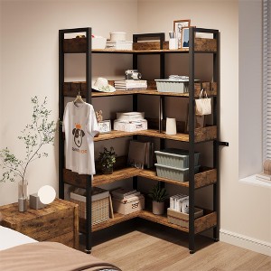 5-Tier Convertible Corner Bookshelf, Two Splicing Modes Retro Corner Bookcase with Storage Shelves, Heavy Duty L Shaped Display Storage Shelf - 1 of 4