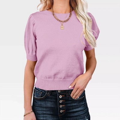 Women's Casual Crew Neck Short Sleeve Sweater Tops for Spring and Summer 2025,Light Purple - M