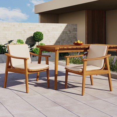 Set of 2 Outdoor Wicker Dining Chairs, Acacia Wood Frame in Teak Finish with Waterproof Cushions, Armchairs for Patio or Garden – Cuddlewood