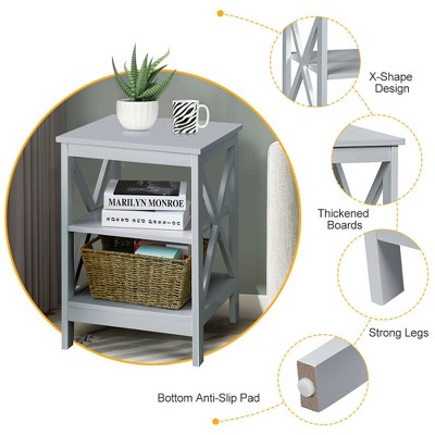 Gray 3-Tier X Design Wooden Nightstand