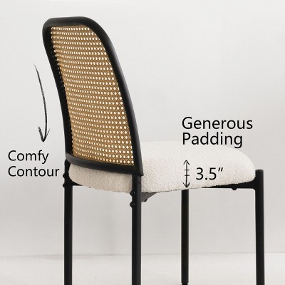White Boucle Upholstered Dining Chairs with Black Metal Legs and Rattan Back