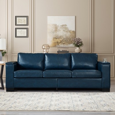 GDFStudio Isla 93.7" 3-Seater Modern Rubberwood Faux Leather Upholstered Storage Sofa with Cushions and Cup Holder