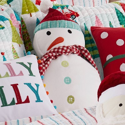 Merry & Bright Embroidered Snowman Pillow with Red Scarf