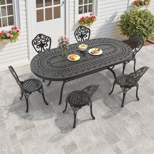 7-Piece Patio Set: Oval Table & 6 Chairs - Cast Aluminum, All-Weather/Umbrella Hole & Adjustable Legs for Balcony/Backyard - 1 of 4